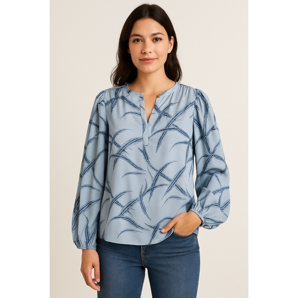 Emily McCarthy Anthropologie Blue Printed Blouse Blouson Sleeves‎ Size S